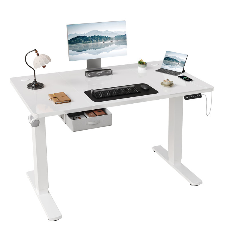 Electric Standing Desk Wide Desktop Height Adjustable Standing Desk With Drawer&Hooks, 118" H x 140" W x 80" D, White, White