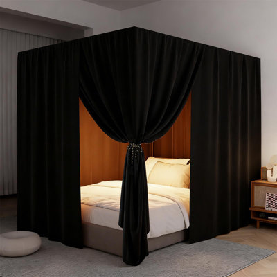 Rideaux de lit à baldaquin noirs - 4 rideaux de lit à poteaux de coin pour lit de bébé à baldaquin de couleur unie pour chambre pour adultes et filles (noir, grand)