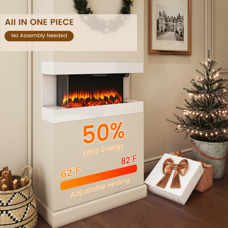 3 Sided Wall Mounted Electric Fireplace, 32" Wall Hanging Fireplace with LED Side Lights, Remote Control, Multicolor Flame, Timer, Log & Crystal, 700W/1500W Floating Fireplace Heater, White