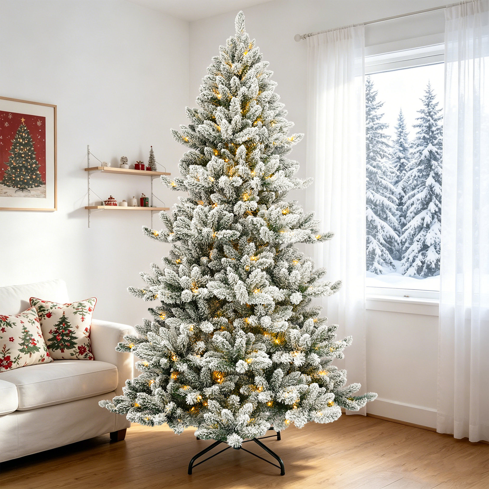 Pre-Lit Flocked Christmas Tree, 7.5' H