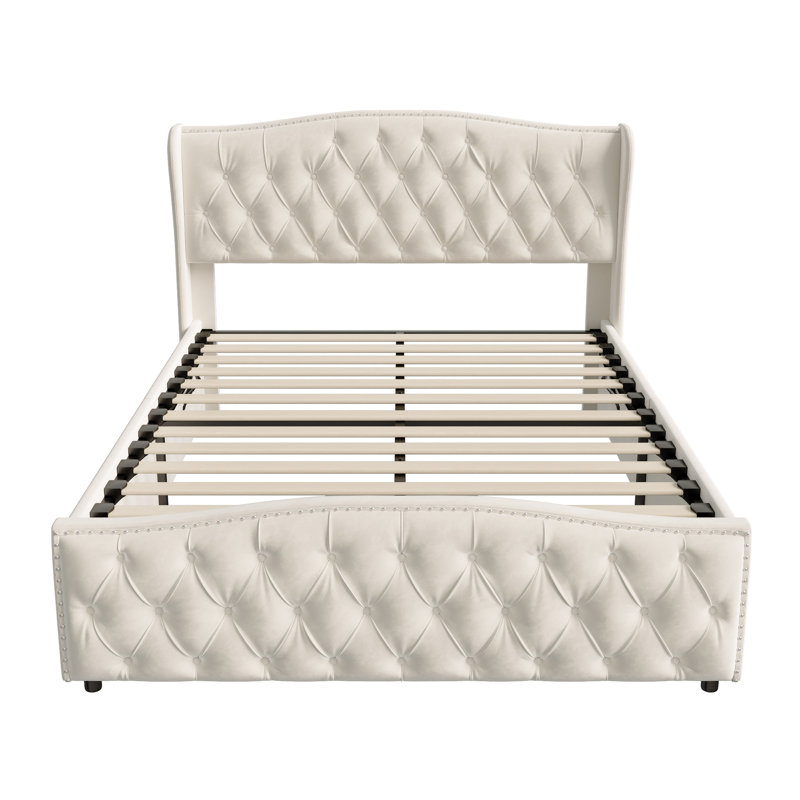 UK & EU Sizes Velvet Ottoman Bed Frame with Hydraulic Gas Lift Storage, Diamond Tufted Wave Wingback Upholstered Platform Bed with Nailhead Trim, Grey/Beige