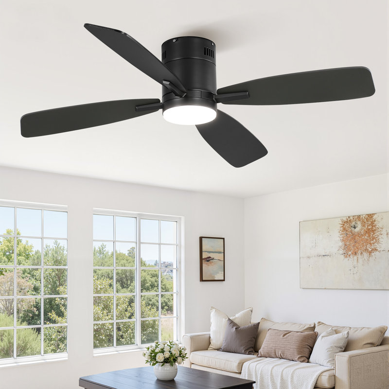Cissline 46" Modern Black Flush-Mount Ceiling Fan with Light & Remote/App Control for Bedroom & Living Room, 46" Wide, Black