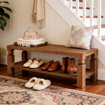 Solid Wood Bench, 47" Farmhouse Entryway Bench with Storage Shelves, Long Rustic Seating for Hallway, Kitchen, Bedroom, Dining, End of Bed (Brown)