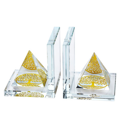 1 Pair Modern Crystal Bookends For Shelves,Tree Of Life Crystal Pyramid Design,Non-Skid Book Holder,Heavy Duty Decorative Book Stopper,3.5 * 3.5 * 4''