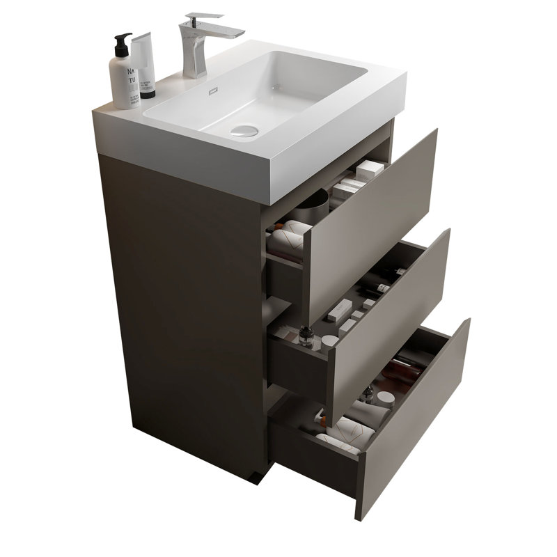 Meuble-lavabo de salle de bain gris, ergonomique, tiroir de meuble-lavabo silencieux, grande capacité, Grey, 25", White