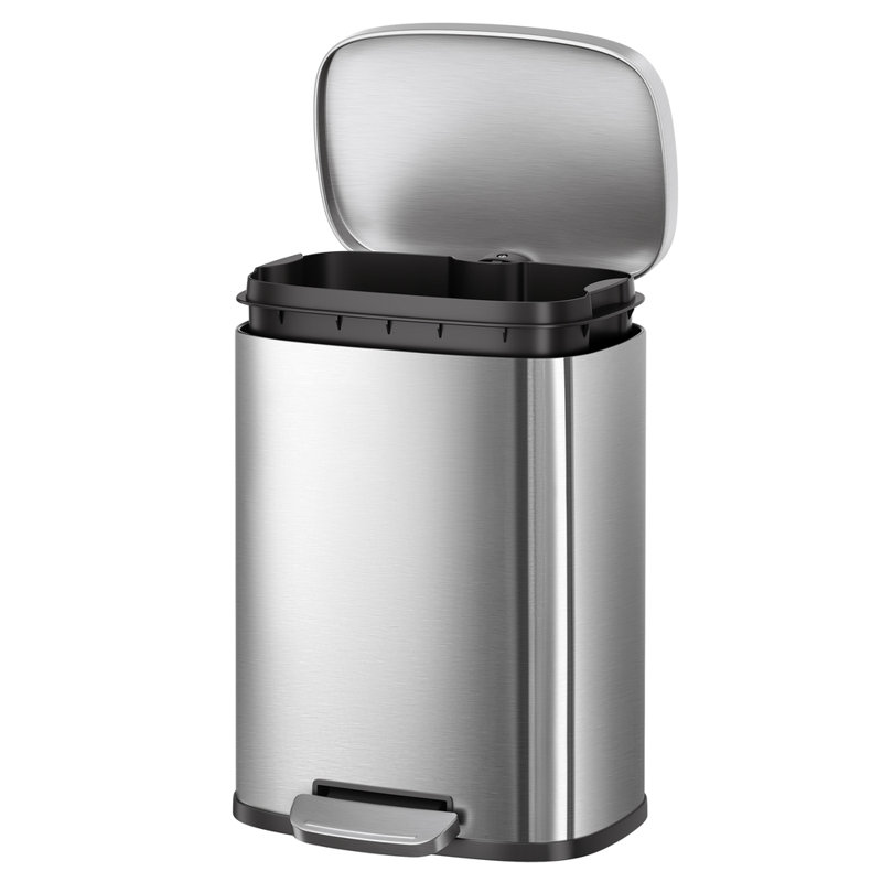 12 L Kitchen Bin, Rubbish Bin, Stainless Steel Trash Bin, Soft Close, Step-On Pedal, Removable Inner Bucket, Black, Silver