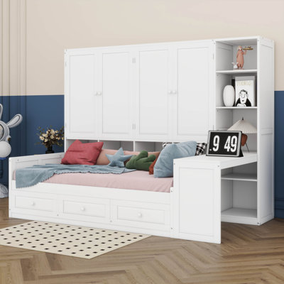 Lit de jour avec armoire tout-en-un, bureau et tablettes, cadre de canapé-lit en bois avec 3 tiroirs,