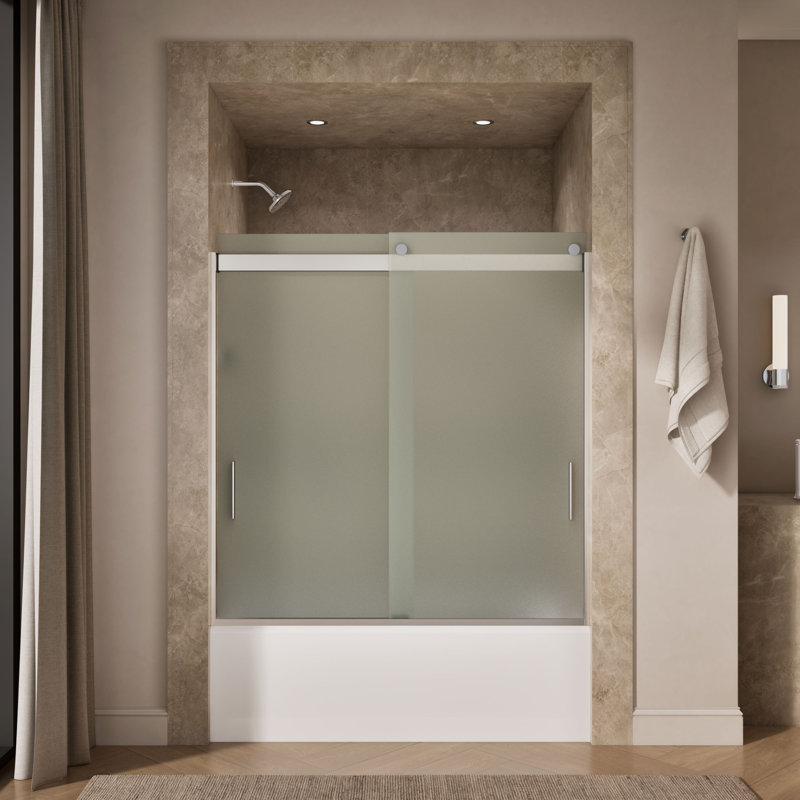 Levity 59.62" x 62" Bypass Bath Door with CleanCoat® Technology, Bright Silver, Frosted