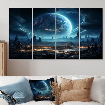 «White and Blue Cosmic Space Landscape I - Planets», ensemble de 4 pièces d'art mural