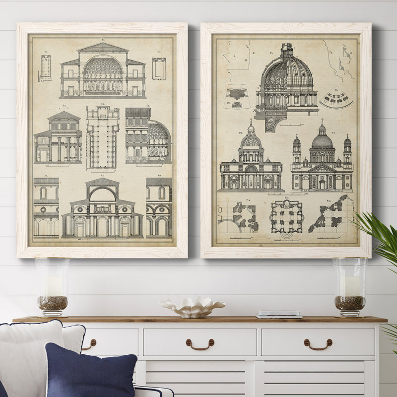 Vintage Architects Plan I - ensemble de 2 reproductions d'art sur toile, Toile blanche encadrée