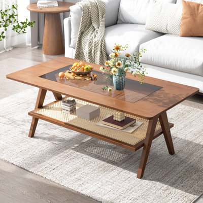 Mid Century Modern Coffee Table With Glass Top And Rattan Storage Shelf, Rectangular Walnut Wooden Coffee Table, Unique Centre Tables For Living Room Apartment Home, 47.2 Inch