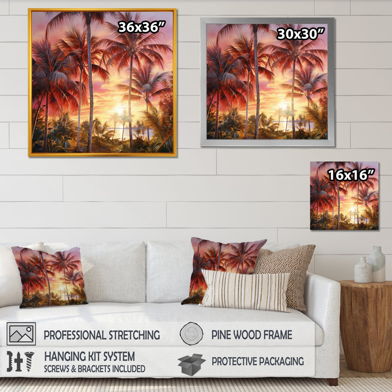 Rose radiance coucher de soleil palmiers IV, H 30 po x l 30 po x P 1 po, Cadre simple argenté
