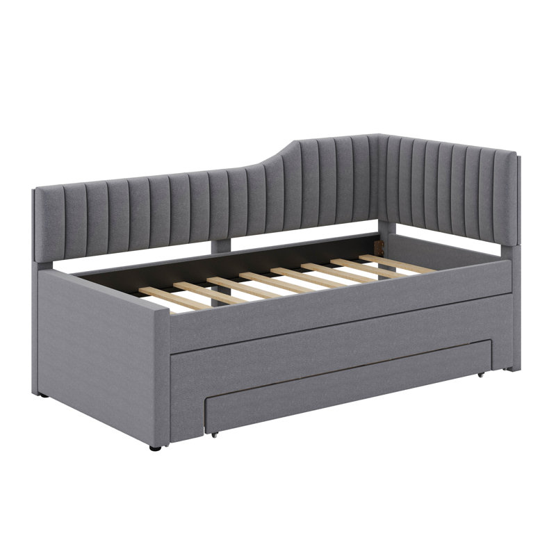 Lit de jour rembourré avec couchette et tiroirs, Gris, Lit simple
