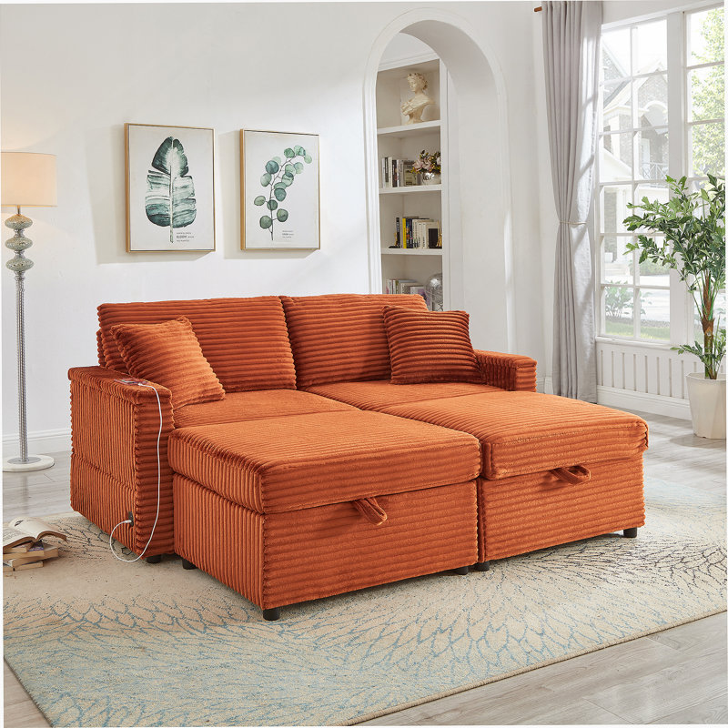 Comfortable Fluffy Corduroy Lazy Sofa With Storage, Double Ottomans, And Table Board For Ultimate Relaxation, Orange