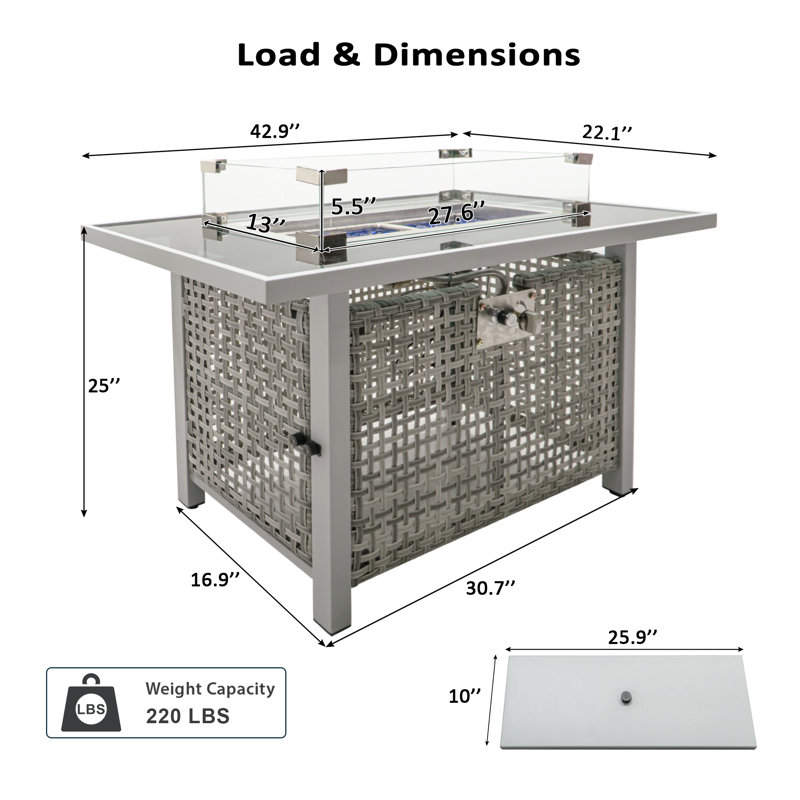 Foyer de table 43 po au gaz propane, foyer d'extérieur rectangulaire en osier à tissage ouvert de 60000 BTU avec pare-vent en verre pour terrasse extérieure - gris