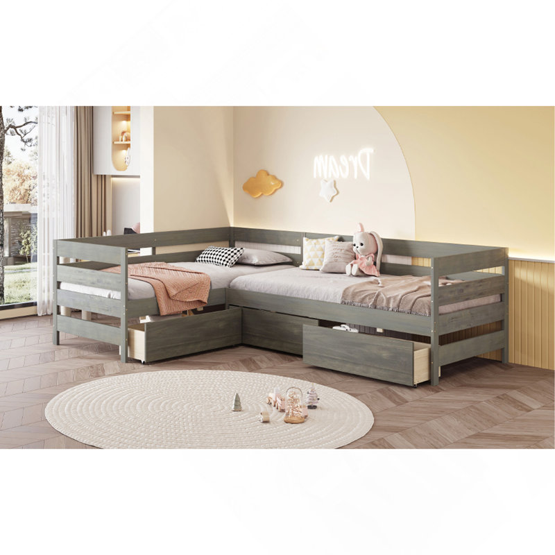 Lit plateforme simple en forme de L avec trois tiroirs de rangement, Gris