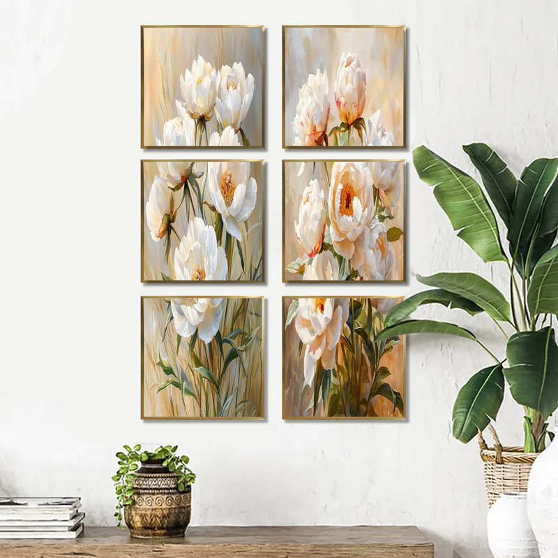 Pivoines dans l'air frais d'automne - ensemble d'art mural floral de 6, Impression encadrée sans passe-partout, Doré