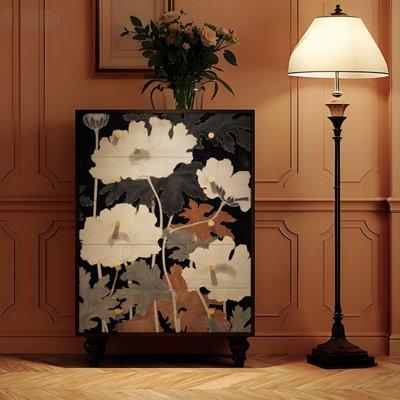 Commode 5 tiroirs en bois massif à décor floral