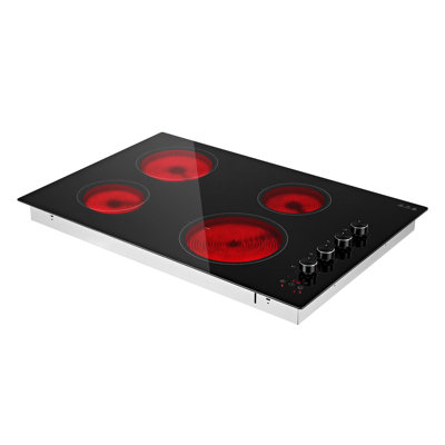 Plaque de cuisson électrique de 76 cm (30 pouces), cuisinière encastrée en céramique à 4 brûleurs, 6700 W, 220 V, sans prise, dotée de 11 niveaux de puissance, d'une minuterie, d'un verrouillage de sécurité enfant, d'une protection contre la surchauffe et de commandes tactiles/à double bouton.