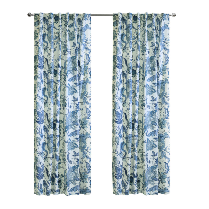 Jacobean Garden Light Filtering Dual Header Curtain Panel in Blue, 52" W x 95" L