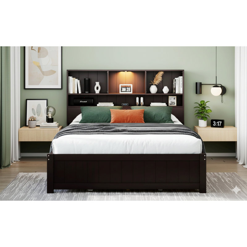 Lit élégant pour appartement, chambre d'amis, cadre de lit plateforme, lit plateforme en bois avec tête de lit bibliothèque et 2 tiroirs latéraux