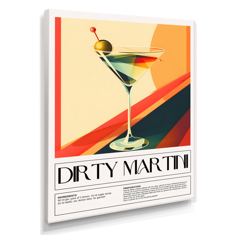 Mid-Century sale Martini avec olive à 5 A 7 - cocktails Art mural salon, Toile tendue, H 44 po x l 34 po