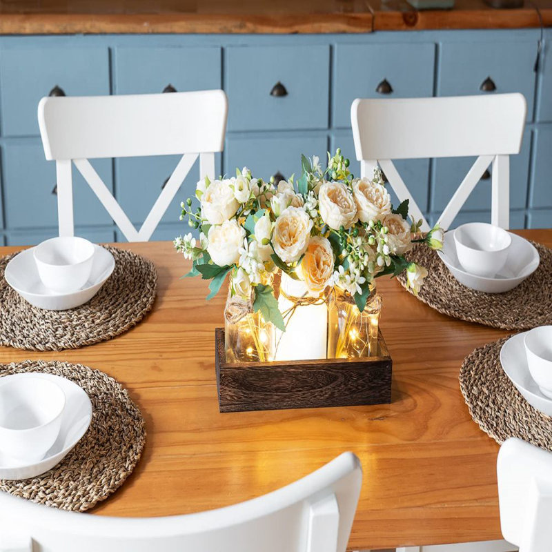 Rustic Wood Tray with Lighted Mason Jars and Faux Flowers