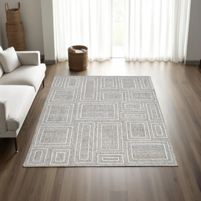Tapis Bora, motif géométrique, laine, polyester, gris, blanc