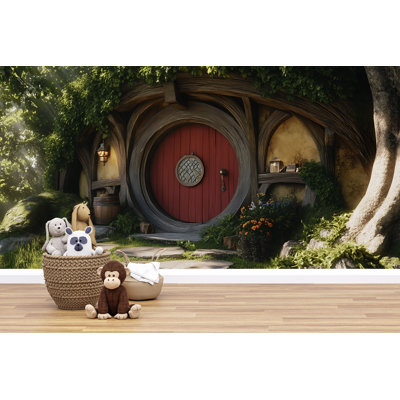 Papier peint d'entrée Red House Hobbit House entouré de verdure, murale 3D de style fantastique magique pour chambre d'enfant, thèmes de jardin ou coins de lecture confortables