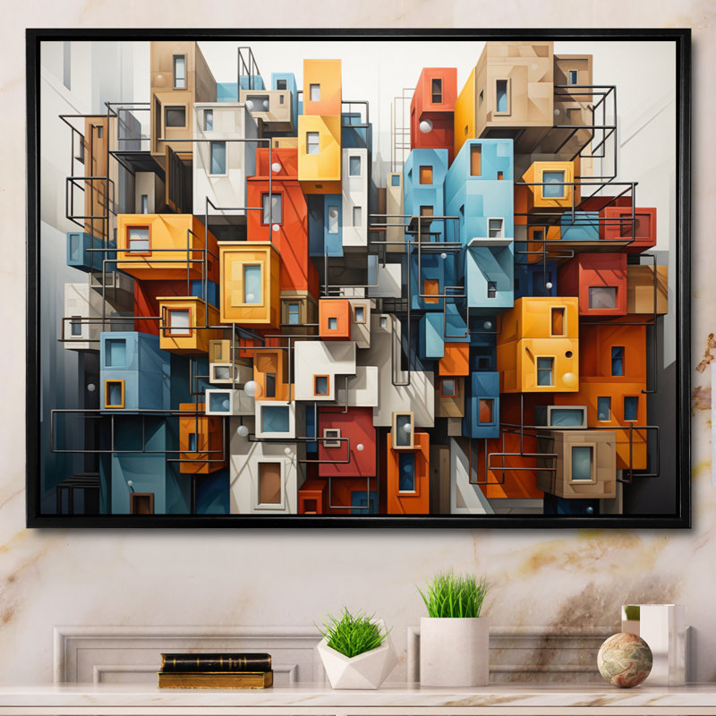 «Cityscape Bluiding Geometric Collage I», reproduction sur toile, H 34 po x l 44 po x P 1,5 po, Cadre flottant noir