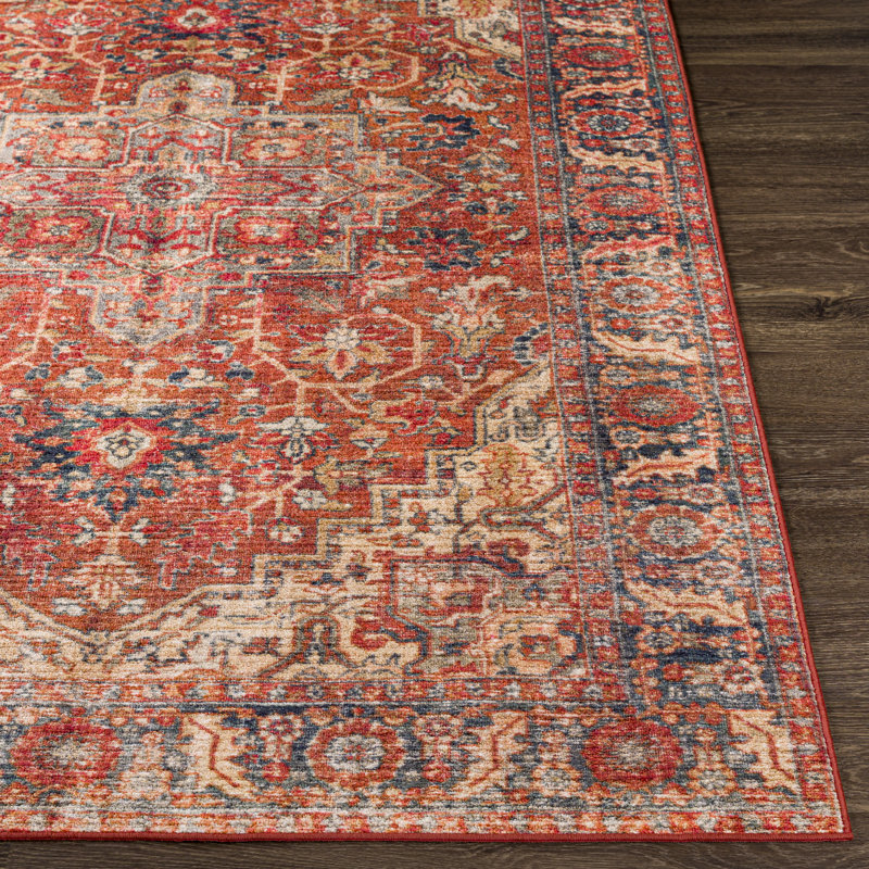 Tapis oriental rouge / rouge brique lavable à la machine Finessa, Rectangle 8 pi 10 po x 11 pi 9 po
