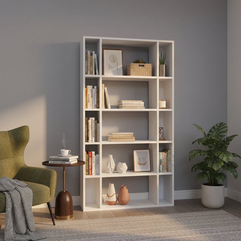 Scandinavian Style Bookshelf, White Color, 35.4 x 9.8 x 64.4 inches | 100% Melamine Coated Particle Board, Thickness: 0.7 inches | Numerous Shelves, Wall-Mountable Design | Perfect for Home or School Use