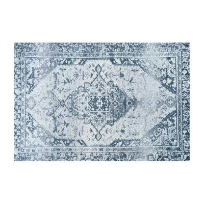 Tapis oriental délavé bleu foncé et ivoire 2 pi x 3 pi avec protection UV