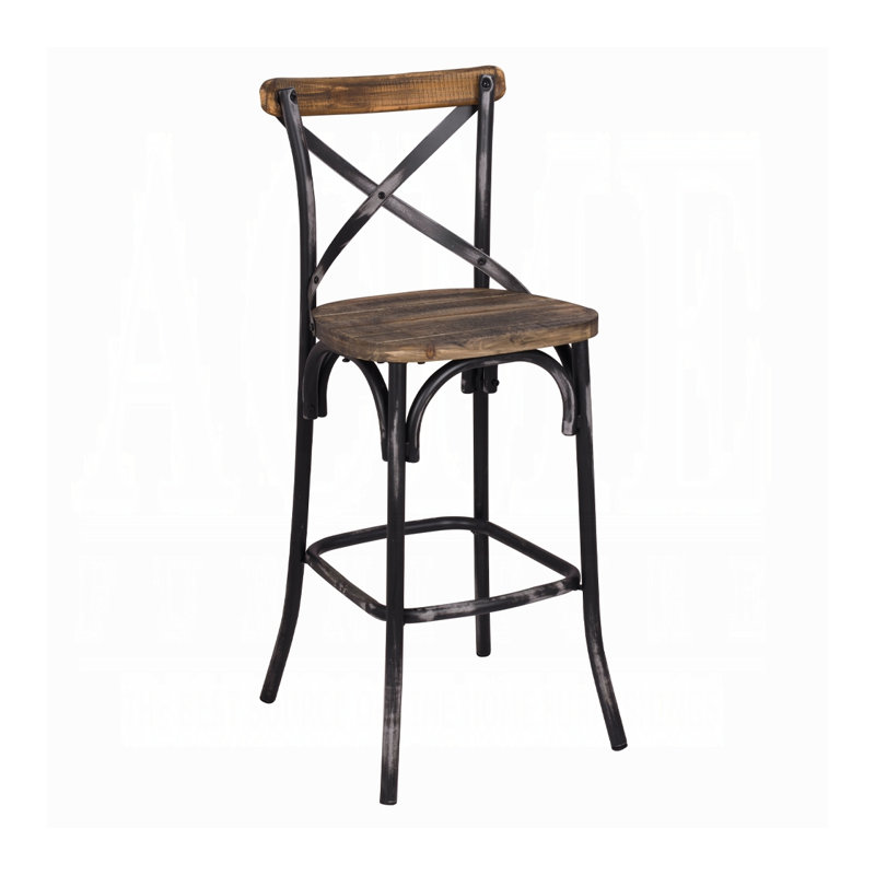 Tabouret de bar industriel rétro - structure en métal noir antique avec siège en bois, chaise de salle à manger rustique en forme de X