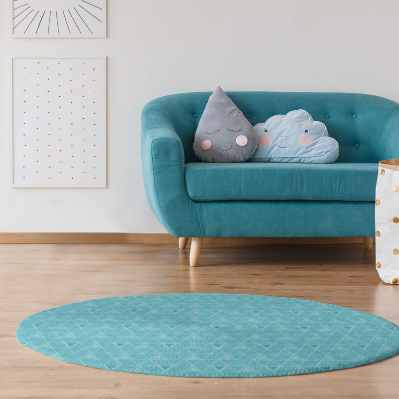Tapis bleu sarcelle / bleu sarcelle foncé dessiné à la main, Rond 5 pi