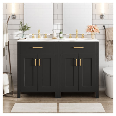 Meuble-lavabo noir moderne 48 po avec lavabo en céramique et mécanisme de tiroir à fermeture en douceur