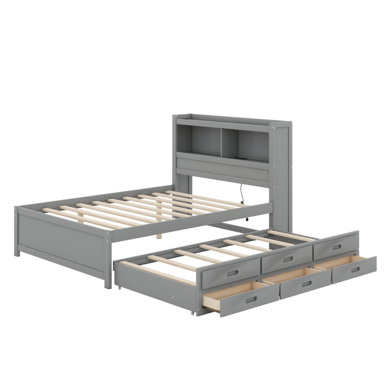 Lit double en bois de pin - Conception de plateforme avec prises USB, 3 tiroirs, tête de lit et lit gigogne, Gris