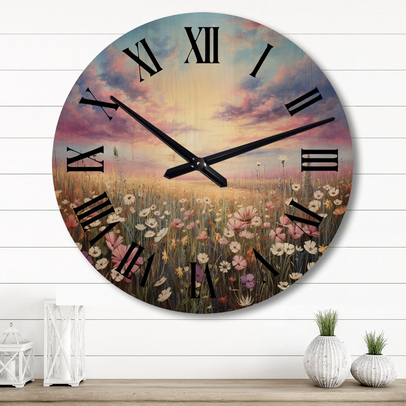 Horloge murale surdimensionnée en bois rose avec fleurs sauvages et champs de sérénité, Grand
