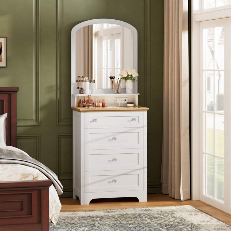 Commode à tiroirs avec station de charge miroir et bande à DEL, armoire à 4 tiroirs avec boutons Cristal, coiffeuse à maquillage moderne