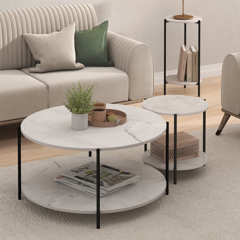 Furinno Besi 2-Tier Modern Round Coffee Table Table with Sturdy Metal Legs, Black, Marble White