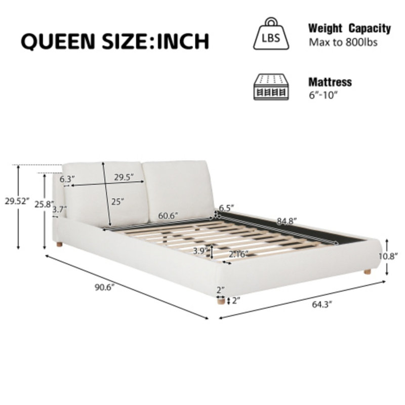 Lit plateforme tapissier très grand et très grand en tissu blanc avec tête de lit amovible, Grand lit