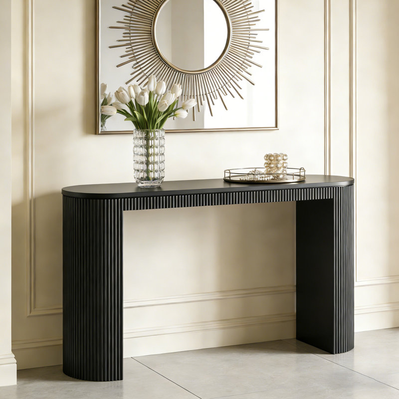 Curved Console Table With Unique Vertical Stripes, For Living Room, Study & Entryway, Black