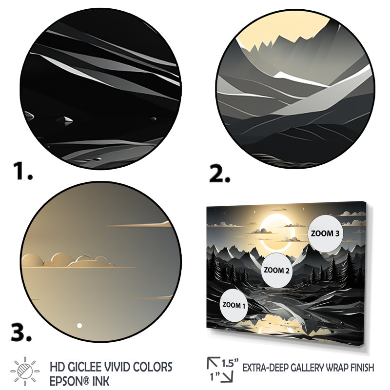 Silhouette de lune, sommet de montagne, paysage - montagnes, art mural, Cadre flottant doré, H 16 po x l 32 po x P 1 po