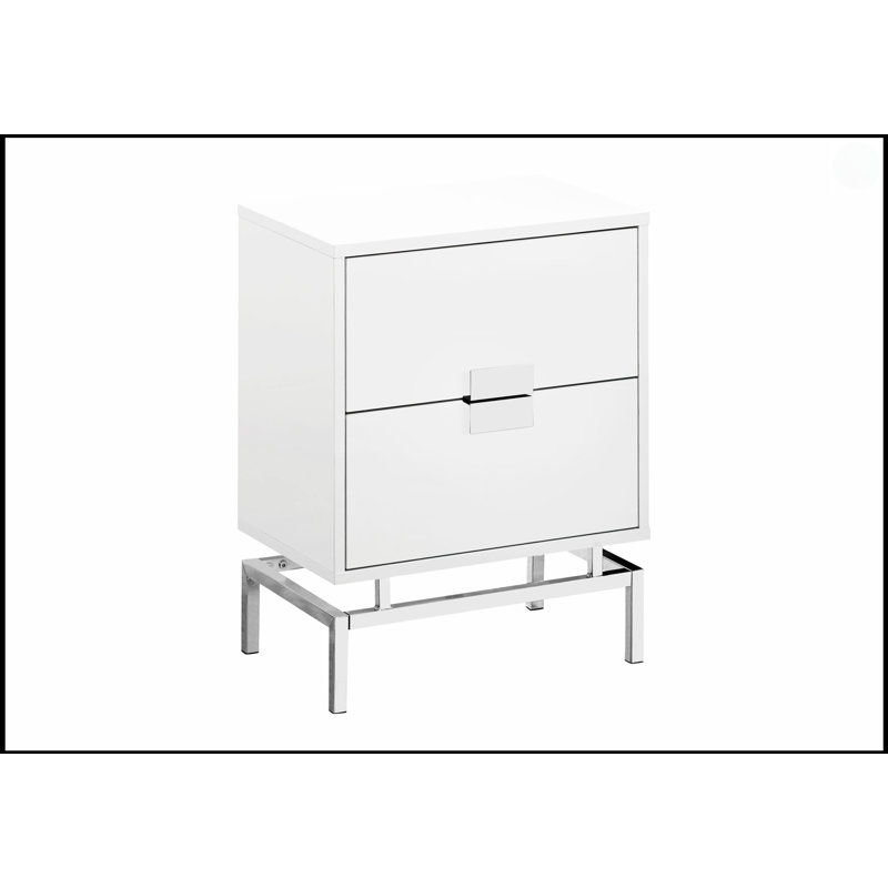 Table d'appoint moderne blanc brillant avec rangement, base en métal chromé pour le salon et la chambre à coucher