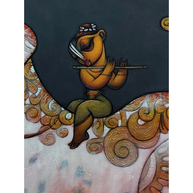 Krishna assise sur une vache | Acrylique sur toile | Par Ramesh Gujar