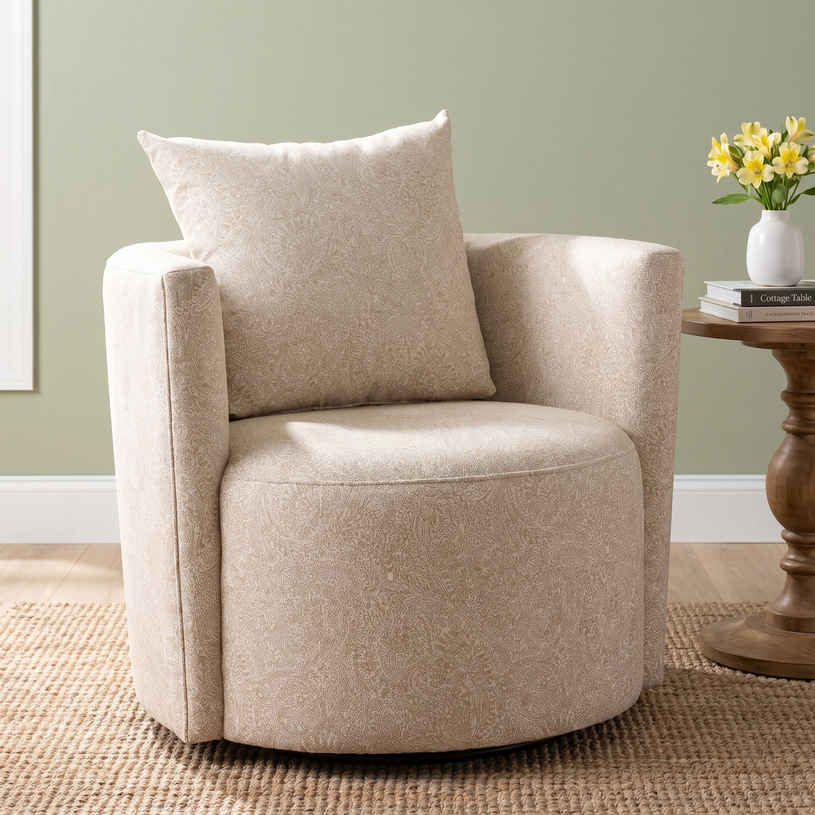 Noblestown Swivel Barrel Chair, Bella Buckwheat Performance Velvet
