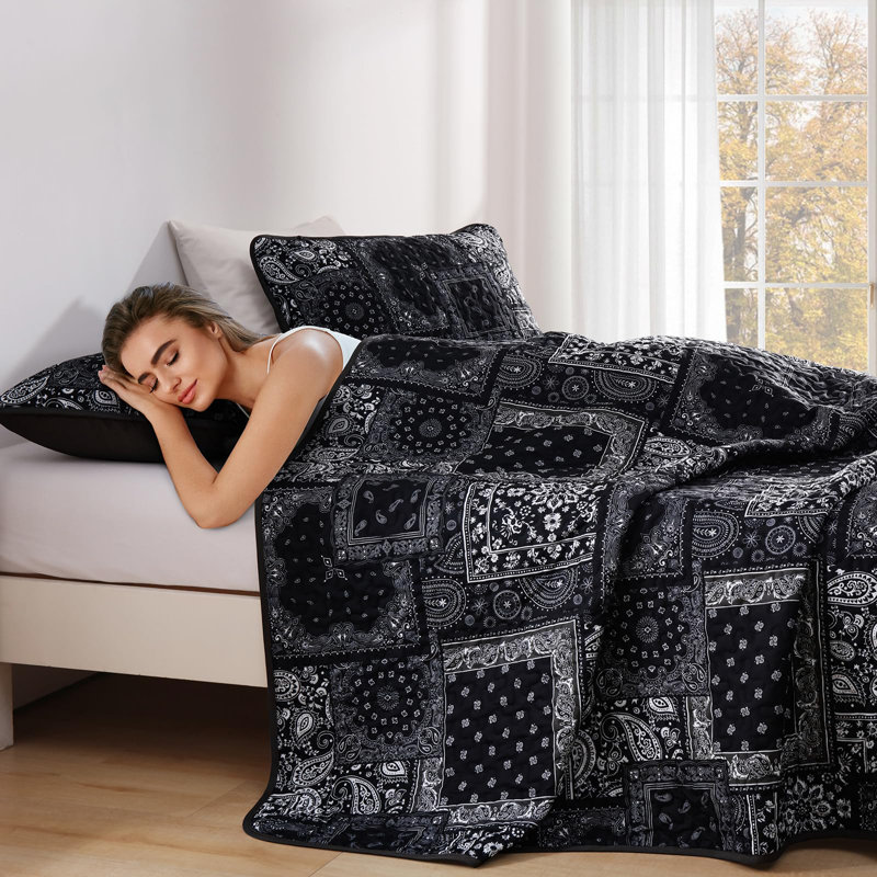 Ensemble de courtepointe 3 pièces à motif floral et motif cachemire Boho, Courtepointe pour très grand lit et 2 taies d'ore
