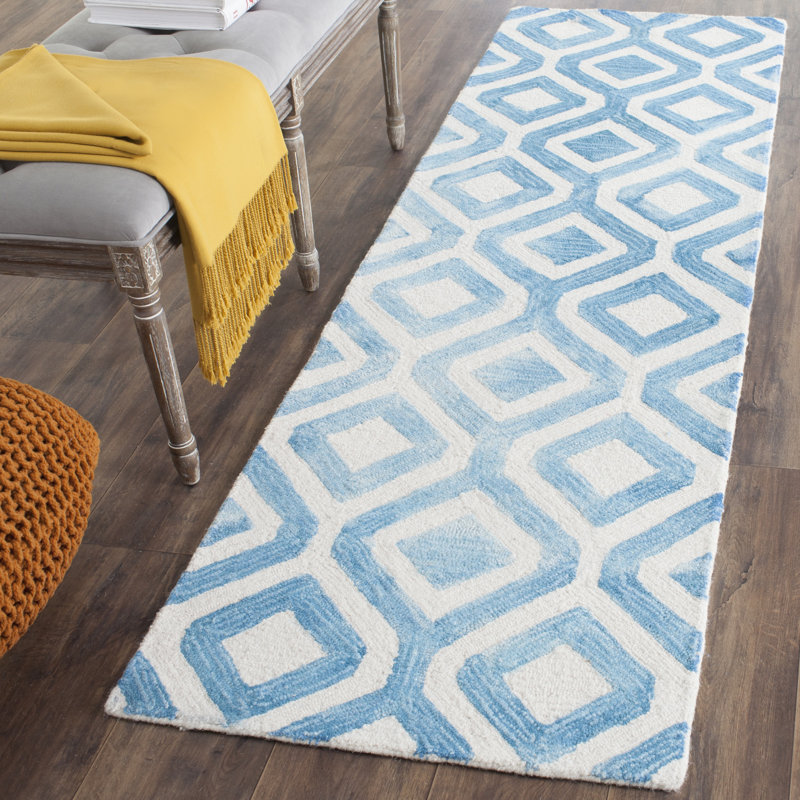 Bryauna Hand Tufted Wool/Cotton Geometric Rug in Ivory/Blue, Runner 2'3" x 6'