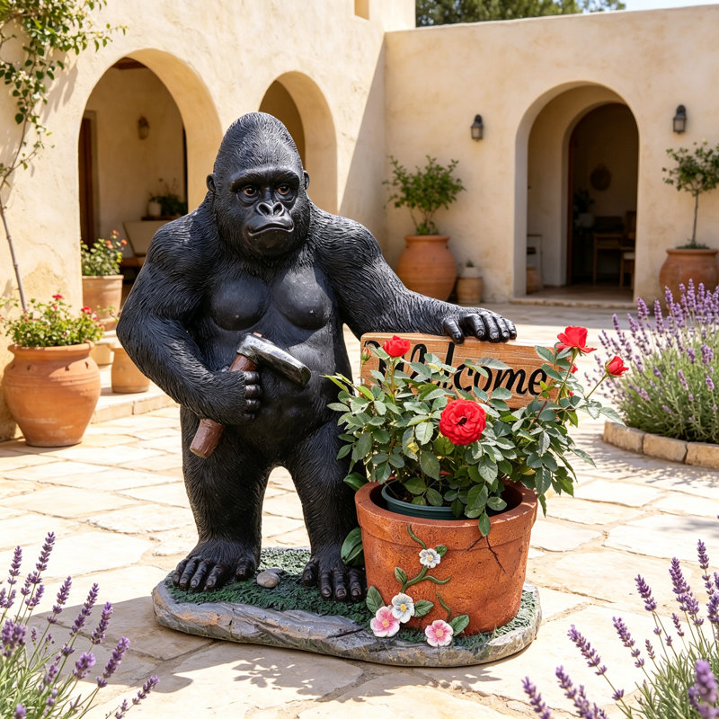 Charmante statue de jardin de chimpanzé avec jardinière intégrée - décoration extérieure unique et durable