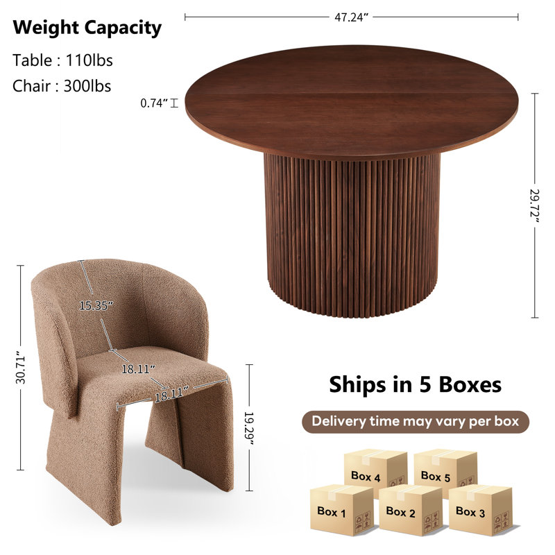 5-Piece Dining Table Set, Wood Top, Faux Fur Armchairs, Walnut, Walnut, Brown